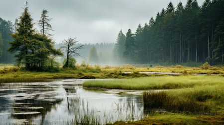 a misty and foggy forest scene with grasses and misty water, captured in the style of hasselblad h6d-400c. this uhd image showcases the influence of the hudson river school and eilif peterssen, featuring a pastoral landscape with a beautiful contrast of light yellow and dark green hues. the high dynamic range adds depth and richness to the overall composition. ai generatedの素材
