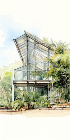 a photo showcasing a highly detailed and precise architectural drawing of a minimalist architecture pavilion in a star royal botanical garden. the drawing features angular straight lines, capturing the essence of minimalist architecture. the mixed media manuscript combines diagrammatic handwriting of scientific formulas with a watercolor vignette, creating a unique and artistic representation of the architectural design. ai generatedの素材