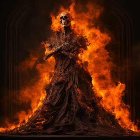 a burnt skeleton, dressed in a white robe, is depicted on fire in this gothic dark and ornate style photograph. the image showcases photobashing techniques, with a color palette of dark orange and bronze. it combines elements of daz3d, bold fashion photography, and realistic still lifes, enhanced by dramatic lighting. the beauty of this composition is truly captivating. ai generatedの素材