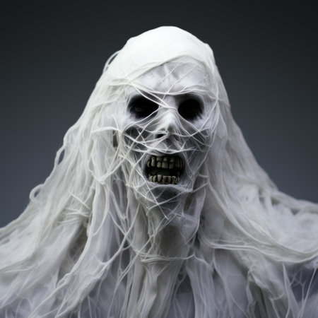 a white ghost with a black background is depicted in this stock photo. the ghost has been created in the style of zbrush, with a wrapped and layered mesh. the sculptural costume is horror-inspired, reminiscent of the works of ryan stegman and patrick dougherty. ai generatedの素材