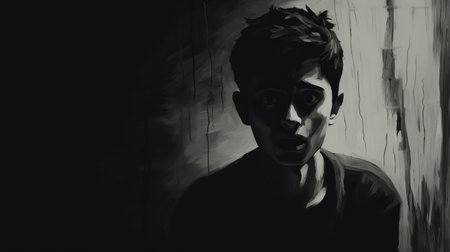an angry boy is depicted in this black and white picture, reminiscent of dark chiaroscuro figurative paintings. the digital painting showcases claire-obscure lighting, with dark and foreboding colors. the image is flat yet expressive, capturing the psychological phenomena of the subject. the illustration is eerily realistic, evoking a sense of intrigue and mystery. ai generatedの素材
