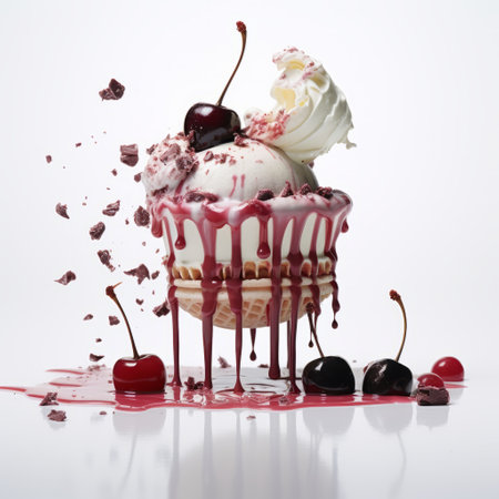 ice cream and cherries cascade into a liquid in this digital image, capturing the essence of ghostcore aesthetics. the raw vulnerability and decadent decay are evident in this site-specific artwork. the streaked effect adds a dynamic touch, while the iso 200 setting enhances the multi-layered composition. perfect for digital use. ai generatedの素材