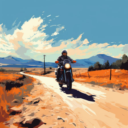 a person riding a motorcycle through a field, depicted in a digital painting style reminiscent of vintage poster designs. the artwork showcases expansive landscapes with a sky-blue and amber color palette, evoking the essence of american scene painting. the high-contrast realism adds depth and intensity to the scene, making it a captivating visual representation of travel and adventure. ai generatedの素材