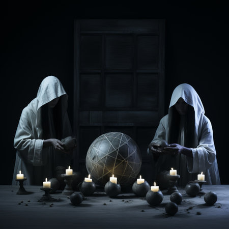 two witches casting a spell over a candle on a dark night. the scene is reminiscent of spherical sculptures and artifacts of online culture. this conceptual installation draws inspiration from artists such as joachim patinir and anton semenov. the luminous spheres and photorealistic still lifes create a captivating and mystical atmosphere. ai generatedの素材