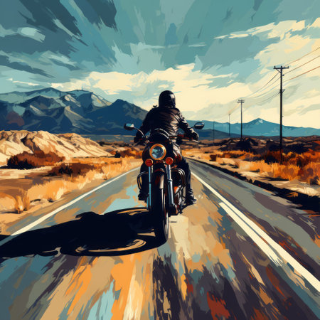 a motorcycle on a road, captured in a realistic landscape with soft, tonal colors. the painting showcases a unique paint dripping technique, reminiscent of the desertwave art style. created by an action painter, the artwork features a contrasting palette of light sky-blue and dark black, with hints of dark gray and light amber. the overall effect creates a captivating, albeit intentionally imperfect, representation. ai generatedの素材