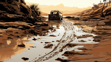 two jeeps, inspired by the style of dan mumford, boldly navigate through muddy puddles on the road. the earth tone color palette enhances the comic art feel of the image, which is captured in ultra-high definition. this artwork, reminiscent of maynard dixon's tender depiction of nature, also incorporates elements of stencil art. ai generatedの素材