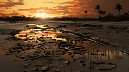 a stunning 2d image of a beach captured with a stormy sky, showcasing the intricate details and realistic rendering reminiscent of the zbrush style. the sparkling water reflections add a touch of magic to the scene, while the dark orange and orange hues create a captivating atmosphere. shot on 70mm, this image also features dripping paint elements, enhanced by the vray technology. ai generatedの素材