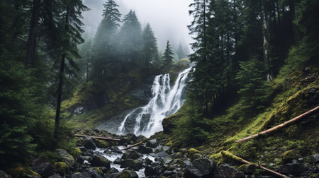 foggy scenery featuring a captivating tree canopy and a mesmerizing waterfall. this photo showcases a narrative-driven visual storytelling style, reminiscent of the wilderness and whistlerian art. the artist, dimitry roulland, skillfully incorporates historical imagery, grit, and grain, evoking the essence of thomas cole's work. ai generatedの素材