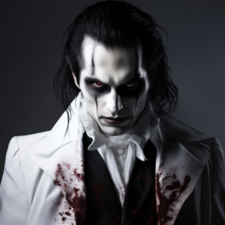 a man in a gothic dark intensity costume resembling the creature of dreamland. the outfit features a combination of dark white and white colors, creating a mosscore aesthetic. with an air of violence and mastery over shadows, the man exudes a dark white and light maroon aura, adding to the pictorial drama of the overall look. ai generatedの素材