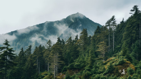 pine trees blanket the mountains, surrounded by tall grasses, creating a moody atmosphere. the photo showcases a combination of light gray and teal colors, reminiscent of native american, first nations, and alaska native art. the soft-focus portraits capture the essence of the scene, while the detailed marine views add depth. the image was taken using the tokina opera 50mm f/1.4 ff lens, inspired by theの素材