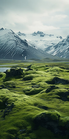 a close-up view of a nordic-inspired landscape unfolds before your eyes. in the foreground, a small hill adds depth to the scene, while a hamada of green sand stretches out, contrasting against the serene oasis. snow-covered mountains stand tall in the background, completing the picturesque panorama. this captivating image, captured on 70mm film with an ultra-wide-angle lens, showcases expertly controlled depth of field and tiltの素材