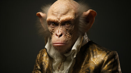 an ancient monkey, adorned with fake facial hair, strikes a pose reminiscent of rococo-inspired art. this photorealistic image, created using daz3d software and captured with a sony alpha a1 camera, showcases intricate detailing. the monkey's appearance is a whimsical blend of goblin academia and celebrity image mashups. softbox lighting enhances the overall aesthetic. ai generatedの素材