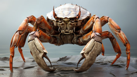 a red and orange crab stands on the beach, showcasing a hyper-realistic sci-fi style reminiscent of serge marshennikov's artwork. created using zbrush, the crab's raw vulnerability is emphasized through exaggerated caricatures. the tenebrous atmosphere adds to the overall aesthetic, resembling xbox 360 graphics. ai generatedの素材