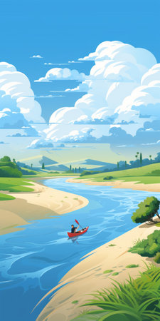 a serene dune river with clear blue sky and clouds sets the backdrop for a flat vector art illustration. the scene features a kayaker peacefully gliding through the water, while a housekeeper stands on the dune. the vibrant tropical colors of kelly green, ivory, mahogany color, and electric blue add a bold touch to the artwork. created by the talented artist roman muradov. ai generatedの素材
