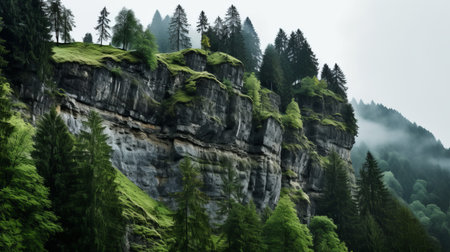 a breathtaking mountain landscape featuring dense forest trees and a mystical mist, captured in the stunning 32k uhd resolution. the image showcases rough hewn surfaces and post-processing techniques, reminiscent of the swiss style. created by the talented artist grzegorz domaradzki, this photo-realistic masterpiece is a true testament to the beauty of nature and is sure to inspire awe. ai generatedの素材