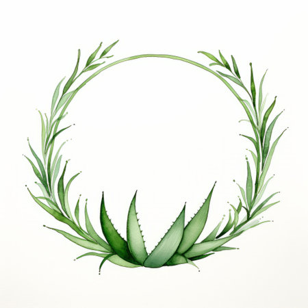 aloe vera circle vector illustration icon on a white background, featuring a realistic watercolor painting style. the artwork is framed by an artist's frame and captured using a sony alpha a1 camera. the design is whimsical and imaginative, with elaborate borders and muted, minimalist compositions. the unique framing and composition make this illustration stand out. ai generatedの素材
