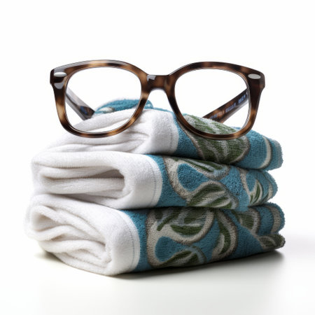 towels and glasses arranged on a white background showcase unexpected fabric combinations in a fusion of cultural styles. the dark white and teal color scheme adds a touch of mid-century american design. captured with a zeiss planar t 80mm f/2.8 lens, this photo by daniel ridgway knight embodies the unique concept of "chinapunk.", ai generatedの素材