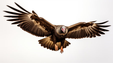 a bald eagle soars through the sky, captured in a vibrant and high-energy image. the dark brown and bronze tones, along with the fish-eye lens, create a raw and edgy aesthetic. this photograph, reminiscent of the dusseldorf school of photography, showcases the unique style of patricia piccinini. the dark brown and pink hues add an intriguing contrast to the overall composition. ai generatedの素材