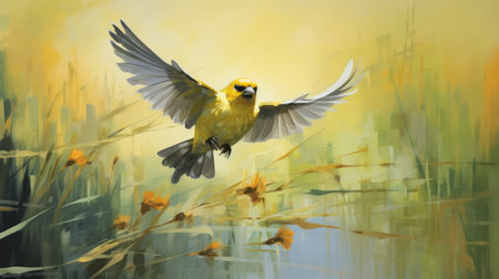 a yellow bird gracefully soars through the sky, its vibrant feathers contrasting against a backdrop of yellow flowers in a field. this digital painting captures the essence of action painting, with hyper-realistic bird studies and intricate character design. the angura kei influence is evident in the impressionist play of light, adding depth and texture to the scene. ai generatedの素材