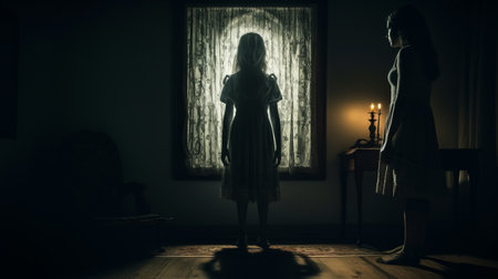 mary trapped in a nightmare world, their figure distorted by moving shadows. wide-eyed with terror, they raise their arms in fear. a monstrous shadow looms in front of them, constantly changing shape. shot from an off-center angle, mary and the monster are in sharp focus, while the room is blurred. dark and sinister colors dominate, with a deep, ominous score playing. inspired by tim walker'sの素材