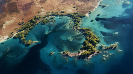 aerial view of a vibrant blue planet hovering above the ocean, showcasing the artistic style of australian tonalism. the image is created using zbrush software, incorporating dark emerald and brown tones reminiscent of dutch marine scenes. inspired by the art of tonga, the composition captures decaying landscapes in a mesmerizing matte painting. ai generatedの素材