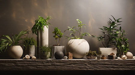 various vases filled with plants in various styles, inspired by the works of philip mckay and pierre pellegrini. the earthcore and zen-inspired arrangements are beautifully captured in this high-quality photo, showcasing the imitated materials and soft, atmospheric lighting. ai generatedの素材