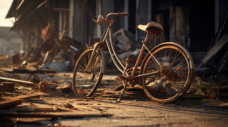 an old bike rests near a broken building, captured in stunning 32k uhd resolution. rendered in cinema4d, this realistic depiction of everyday life showcases the bike's burned and charred appearance. bathed in golden light, the image exudes a sense of nostalgia. the shallow depth of field adds an artistic touch to this captivating photograph. explore more on flickr. ai generatedの素材