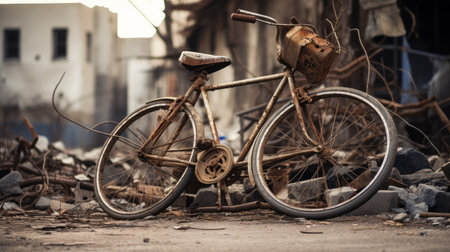 a decrepit bike, devoid of wheels, stands as a haunting symbol amidst a dystopian cityscape. this rustic still life captures the essence of a consumer culture critique, reminiscent of post-world war ii school of paris. set against the backdrop of rural china, the image evokes humanistic empathy while showcasing the beauty in rusty debris. ai generatedの素材