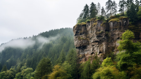 the photo showcases a majestic mountain range with a rugged and rocky face, enveloped in a mysterious fog. it captures the essence of atmospheric woodland imagery, reminiscent of the heidelberg school's artistic style. this high-resolution image beautifully portrays the classic rock formations, highlighting the artist's sensitivity to the natural world. the composition also exhibits elements of the northwest school, with a captivating low depth ofの素材