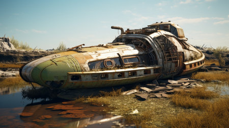 a distressed and weathered submarine, rendered in the style of unreal engine, hovers on the edge of a field. its teal and gold colors stand out against the creased, crinkled, and wrinkled surfaces. this close-up photograph by nicolas bruno evokes a sense of working-class empathy. ai generatedの素材