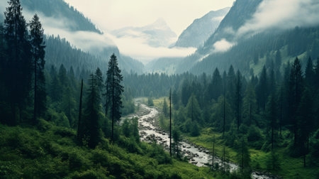 a picturesque stream flows through a mountainous landscape adorned with majestic pine trees and surrounded by ethereal clouds. this captivating scene captures the essence of hazy romanticism and atmospheric woodland imagery, reminiscent of german romanticism. the contrasting hues of light white and dark emerald create a visually striking composition. through its narrative-driven visual storytelling, this image evokes a sense of environmental awareness. ai generatedの素材