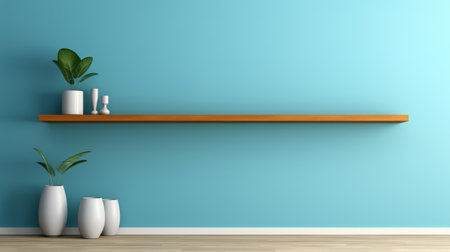 a minimalist-inspired photo featuring a shelf adorned with flowers against a blue wall on a blue background. the image showcases the artistic style of a minimalist painter, with a combination of cyan and brown hues. the crisp and clean lines, panoramic scale, and bold structural designs create a sense of zen minimalism, enhanced by the use of wood. ai generatedの素材