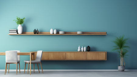 a modern dining room featuring wooden shelves and a table, designed in a minimalist style with light teal and dark sky-blue accents. the room showcases a blend of traditional vietnamese elements and contemporary candy-coated aesthetics. the minimalist backgrounds enhance the realistic hyper-detail and eye-catching details of the space. ai generatedの素材