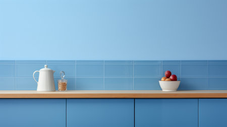 a minimalist still life photo of a kitchen featuring a sink, counter, oven, and a blue tile wall. the image showcases serene minimalism with digitally enhanced details. the bright glazes of the kitchen elements stand out against the matte background, creating a layered translucency effect. ai generatedの素材