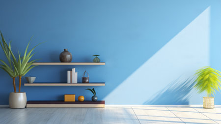 a blue wall inside a living room, featuring naturalistic light and shadow. the room exudes a zen minimalism with tranquil still life elements. the sun-soaked colors create a serene atmosphere, enhanced by the perspective rendering. the minimalistic objects in light brown and sky-blue complement the overall aesthetic. ai generatedの素材