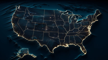 a hyper-realistic sci-fi nightscape map of the united states, showcasing the ground elevation with scattered and glowing lights in the sky. this commissioned artwork features a mesmerizing magewave effect, solarization effect, and luminescent installations. the dark aquamarine and gold tones add a captivating touch to this unique and visually stunning piece. ai generatedの素材