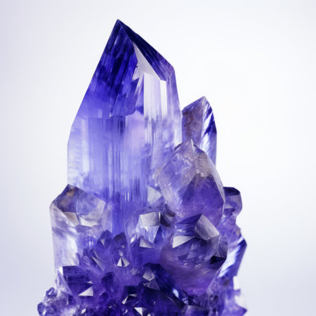 a crystal cluster of violet crystals, in the style of erudite and intriguingly taboo, is showcased on a grey background. the translucent color of the crystals ranges from light indigo to dark blue, giving them a smooth and shiny appearance. the rim light adds a touch of perfectionism, making this cluster an immaculate sight to behold. ai generatedの素材