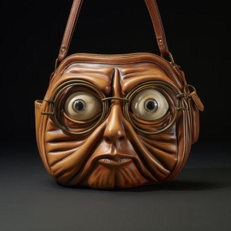 an evil purse with a facial shape and eyeglasses, inspired by the artistic styles of peter gric, howard schatz, and cassius marcellus coolidge. this high-detailed purse showcases elements of ssaku hanga and wandering eye, with a satirical approach. ai generatedの素材