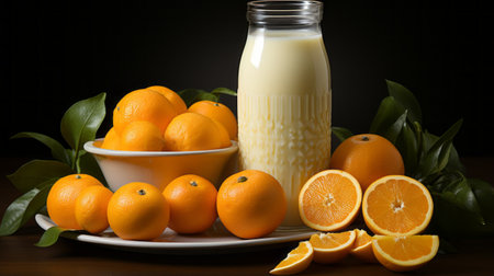 orange plates with milk and orange slices arranged in a photo-realistic still life style. the vibrant colors and meticulous details create a visually stunning composition. this yankeecore and anemoiacore inspired image showcases the use of vray tracing to enhance the realism and depth of the scene. ai generatedの素材