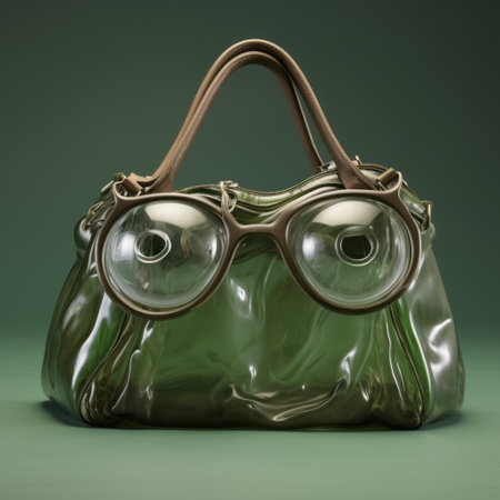 a green eyewearing purse is showcased on a vibrant green background, resembling fluid, glass-like sculptures. the photorealistic renderings capture the essence of the dark green and brown hues, enhanced by vray tracing. the argus c3 camera beautifully captures the realistic rendering of this stunning accessory. ai generatedの素材
