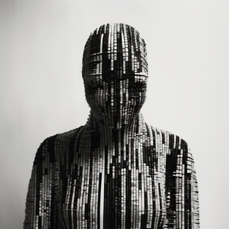 an abstract pixelated sculpture installation featuring life-size figures in sculptural costumes, creating a silhouette against a black and white backdrop. this cyberpunk-inspired artwork combines elements of pixelated realism and coded patterns, resulting in a visually striking and thought-provoking piece of art. ai generatedの素材