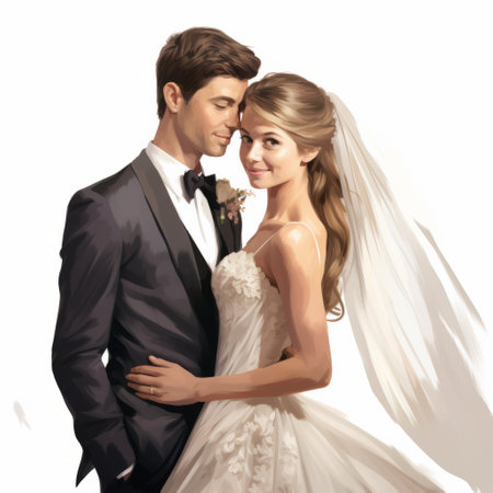 a black watercolor wedding painting featuring a realistic and detailed rendering. inspired by the styles of artgerm and steve henderson, this digital illustration showcases simplified and stylized portraits. the color palette includes handsome shades of light white and light brown. ai generatedの素材