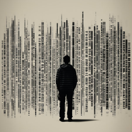 a man walks in front of a large number of numbers, creating a poetic and contemporary scene. the silhouette of a character adds depth to the composition, while the sparse backgrounds enhance the documentary-style photography. the image showcases the contrast between fact and fiction, merging various elements like datamoshing and layers to create a visually captivating effect. ai generatedの素材