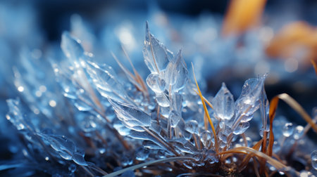 a freezing rain wallpaper showcasing the beauty of ice in a hyper-detailed style. captured with the zeiss batis 18mm f2.8 lens, this winter-themed photograph by aleksi briclot features botanical abstractions with spiky mounds. the image is adorned with light blue and gold tones, enhanced by sterling silver highlights. ai generatedの素材