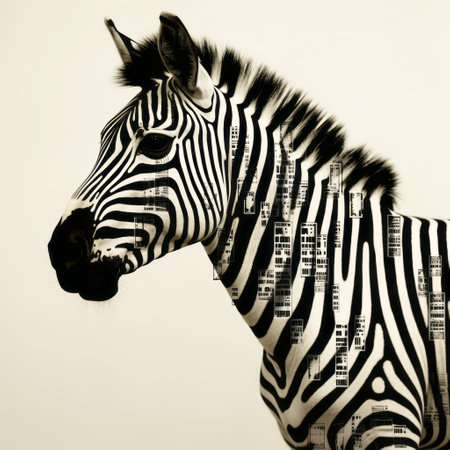 the zebra's head, captured in a sunprint style, showcases its iconic black and white striped arrangements. this national geographic photo highlights the fragmented advertising-like pattern, creating a visually striking image. the use of paper and the konica big mini camera adds a unique touch, emphasizing the whiplash curves of the zebra's distinctive markings. ai generatedの素材
