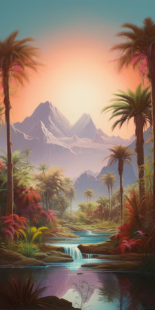 fantasy landscape wallpaper featuring an enigmatic tropical scene with a light red and cyan color palette. this artwork by david michael bowers combines orientalist imagery with naturalistic plein air painting techniques. inspired by the works of scott listfield, it showcases a high tonal range for a captivating visual experience. ai generatedの素材