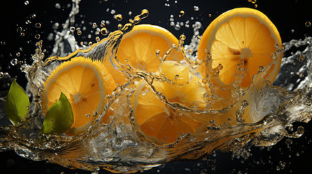five slices of lemon, captured in a photographically detailed portrait style, are depicted splashed with water. this innovative page design showcases the dynamic action sequences of the lemons, while the vray tracing technique brings out the essence of the moment. the dark orange and silver tones add depth and visual interest to the image. ai generatedの素材