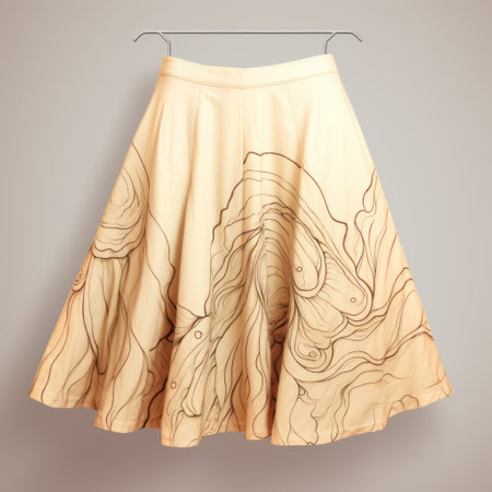 a skirt with hand-drawn fluid lines and curves in a light yellow and beige color palette. the design features a line drawing style with topographic photography and retro chic elements. the skirt showcases hand-painted details and a unique ink wash effect. ai generatedの素材