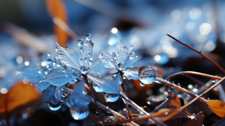 a flower covered in blue droplets stands out in the grass, surrounded by other blue flowers. the rain has adorned it with nature's own water droplets, creating a stunning sight. this image captures the essence of nature's beauty, with a wallpaper-like quality. the blue hues and frozen movement evoke a sense of tranquility and elegance. crafted with exquisite precision, this photo showcases the delicate detailsの素材