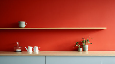 a wall shelf adorned with an abundance of pots, creating a captivating display against a vibrant red wall. this minimalist still life photograph showcases the beauty of mundane materials, enhanced by the use of hard-edge color field and minimal retouching techniques. the uhd image captures the essence of minimalism with its light gray and red color palette, embodying the current tendencies of this artistic style.の素材